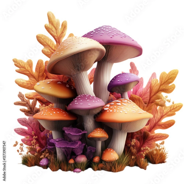Obraz Colorful and fantastic still life of mushrooms and plants on a transparent background.
