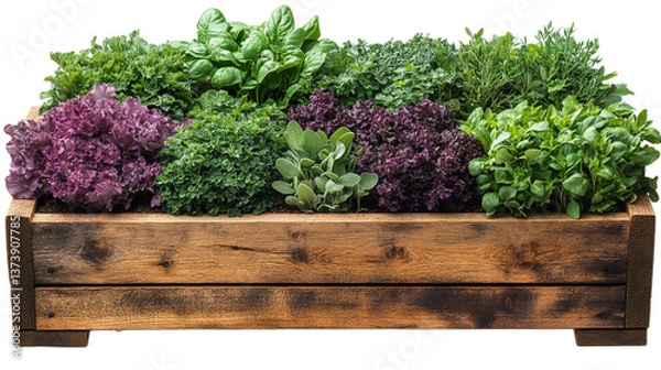 Obraz A wooden box filled with various types of greens and salads.