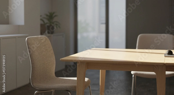 Fototapeta Modern dining room with wooden table and empty chairs