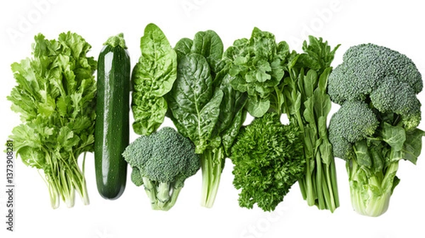 Obraz Green vegetables and herbs arranged in a row on a transparent background.