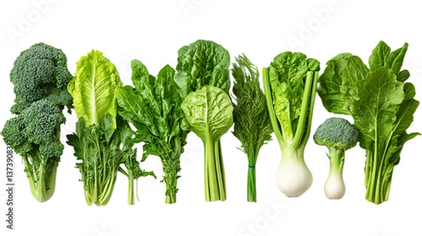 Obraz Green vegetables and herbs arranged in a row on a transparent background.