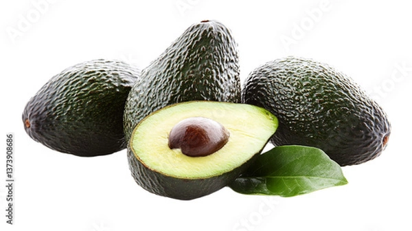 Obraz Close-up of an avocado on a transparent background. Three whole avocados are visible and one is cut in half, exposing a large bone.