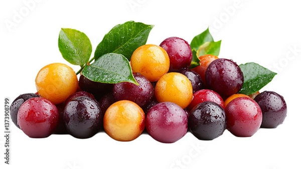 Obraz Plums on a transparent background. Plums are available in several colors: yellow, red and dark purple.