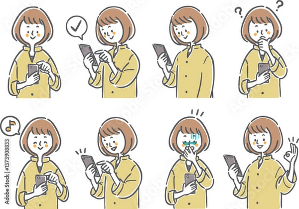 Obraz スマホを使う女性イラストセット　上半身　ベクター
