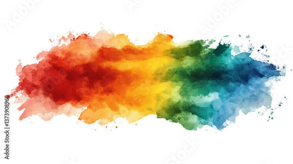 Obraz Colorful watercolor brushstroke on a transparent background. The colors smoothly transition from red through orange, yellow, green to blue, creating a rainbow effect.