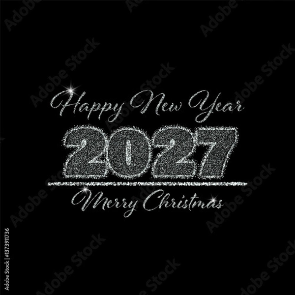 Fototapeta Poster design with text Happy New Year and Merry Christmas 2026 on black background with silver dust