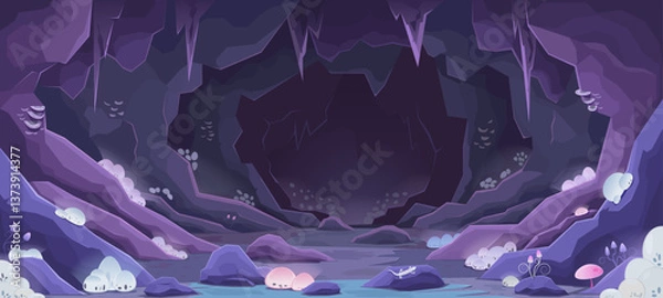 Fototapeta Rocky cave with stalactites and colony of glowing mushrooms and microorganisms. Underground world of nature, tunnel or passage in cave, adventure, exploration of environment. Vector cartoon.