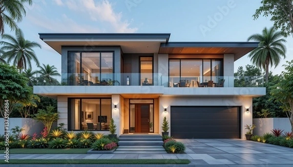 Fototapeta A stunning modern two-story house with large windows, a balcony, and a well-manicured front yard, presenting an inviting curb appeal.