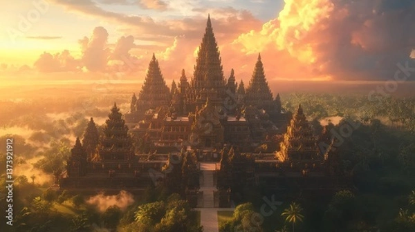 Fototapeta Sunrise over ancient Asian temple, jungle mist, travel poster
