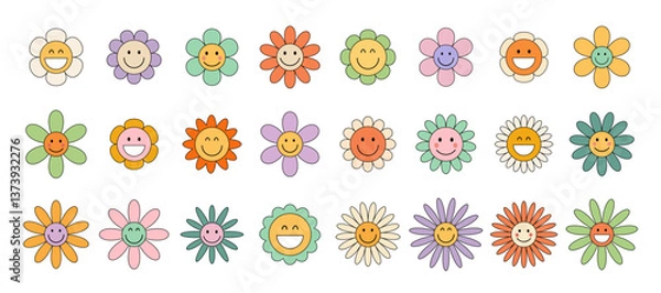 Fototapeta Vibrant big set of retro 70s-style cartoon flowers with happy faces. Psychedelic groove-inspired floral icons capturing the essence of hippie aesthetics. For creative and nostalgic designs