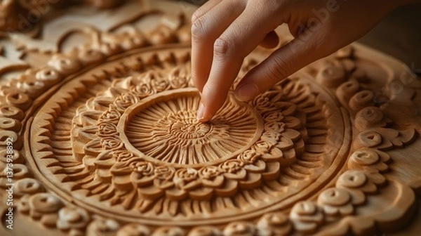 Fototapeta Close-up view of hand tracing intricate patterns on a wooden mandala board