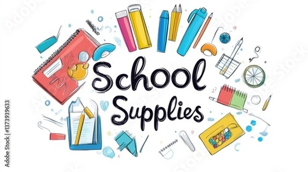 Fototapeta Colorful school supplies illustrated with various stationery items in a whimsical design for students