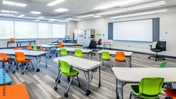 Obraz Modern classroom with flexible seating arrangement and ample natural light designed for collaborative learning
