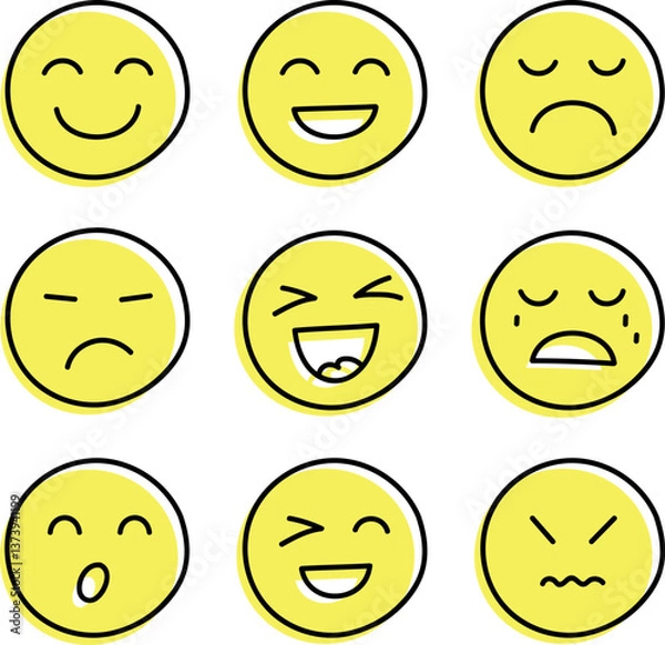 Obraz Set of smiles with various emotions, hand drawn collection. Doddle faces vector illustration on isolated background. Happy and sad face sign business concept. Vector illustration, EPS10