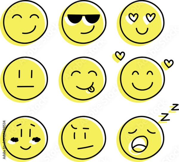 Obraz Set of smiles with various emotions, hand drawn collection. Doddle faces vector illustration on isolated background. Happy and sad face sign business concept. Vector illustration, EPS10