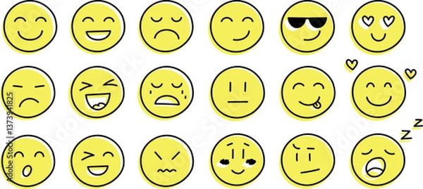 Obraz Big set of smiles with various emotions, hand drawn collection. Doddle faces vector illustration on isolated background. Happy and sad face sign business concept. Vector illustration, EPS10