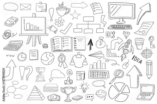 Fototapeta Doodle-style set of productivity, office, and creativity icons. Includes a computer, charts, arrows, a light bulb, a trophy, and more. Hand-drawn black line art on a white background.