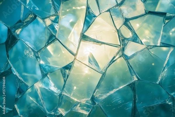 Obraz Abstract artistic composition of shattered glass pieces with sunlight streaming through, creating intricate patterns and a serene atmosphere