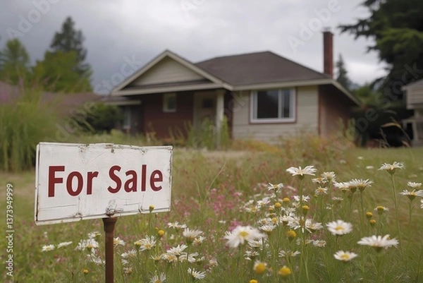 Obraz Beautiful suburban house with white flowers in the foreground and a visible for sale sign in the front yard