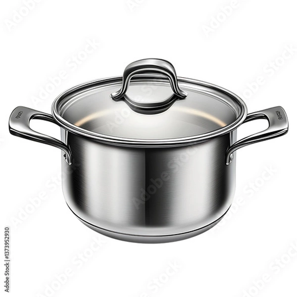 Fototapeta Shiny Cookware: A high-angle shot displays a gleaming stainless steel pot, complete with a transparent glass lid and ergonomic handles, ideal for cooking a delicious dish. 
