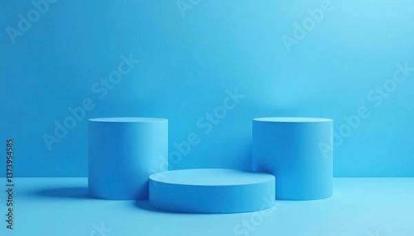 Obraz Blue cylindrical platforms of different heights arranged neatly on a blue background for product display,  presentation,  cylindrical