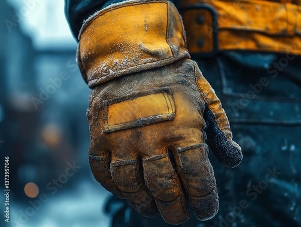 Obraz Close-up of a worker's hand wearing rugged yellow leather gloves for cold weather protection in an industrial outdoor setting