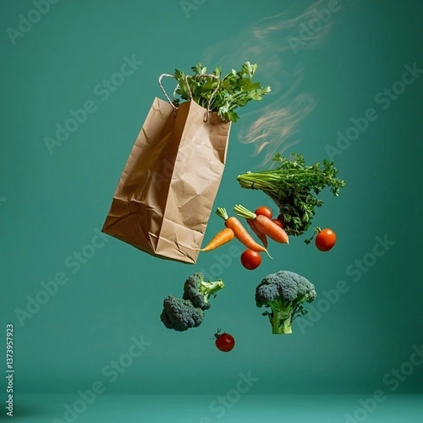 Obraz Floating grocery bag bursting with fresh produce against teal backdrop. Broccoli, carrots, tomatoes, parsley are airborne