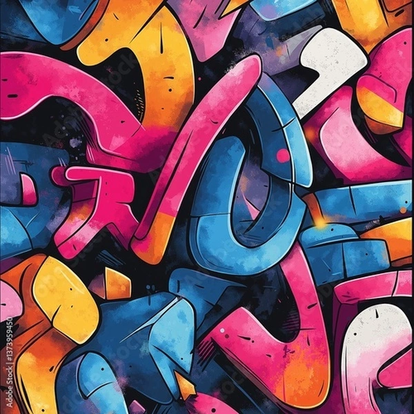 Obraz Colorful abstract graffiti art with vibrant pink, blue, and orange spray-painted shapes on a dark textured background in urban style