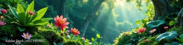 Fototapeta Exotic plants and flowers floating in a garden in space,  enchanting,  colorful