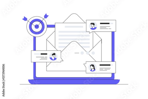 Fototapeta Email marketing, Online business strategy, Advertising, Email newsletter, messaging, Marketing material concepts.  Flat Cartoon Vector Illustration, icon. Stylish abstract design web