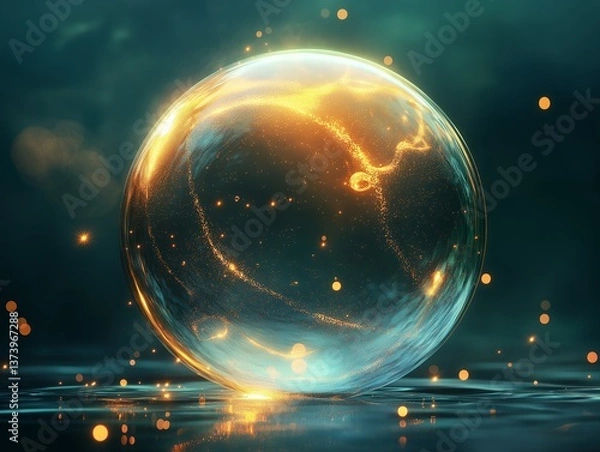 Obraz Enchanting abstract image of an illuminated golden sphere floating in a mystical dark atmosphere with glowing particles surrounding it