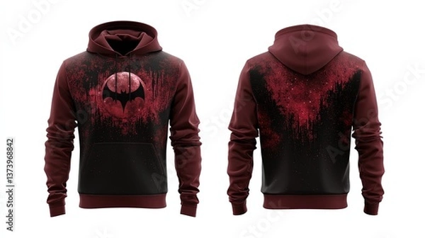 Fototapeta Blood red male hoodie, front and back view, vampire night theme, front has a bat-shaped moon, back features a crimson-tinted night sky with gothic-style constellations, white background, isolated