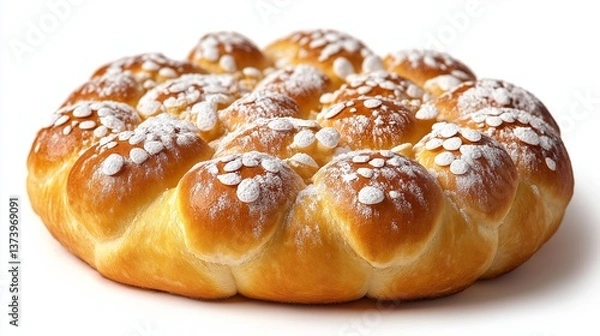 Fototapeta Freshly baked sweet bread roll covered in powdered sugar, showcasing a traditional round shape against a clean white background