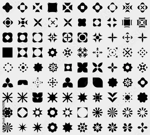 Fototapeta Brutalist abstract geometric shapes. Bauhaus Minimalist Graphic Design Elements. Neo geometric pattern elements. Y2K Geometric design element shapes. Figures, stars, flower and circles.