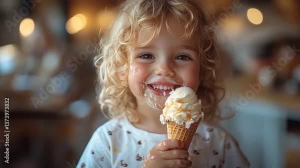 Obraz Joyful child enjoying ice cream cone in cozy cafe during sunny afternoon wallpaper, background, generated by AI
