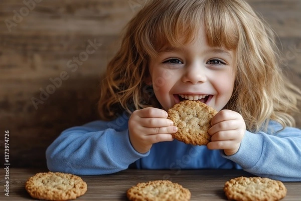 Fototapeta Happy child enjoying a delicious oatmeal cookie while sitting at a wooden table with more cookies and wearing a blue sweater