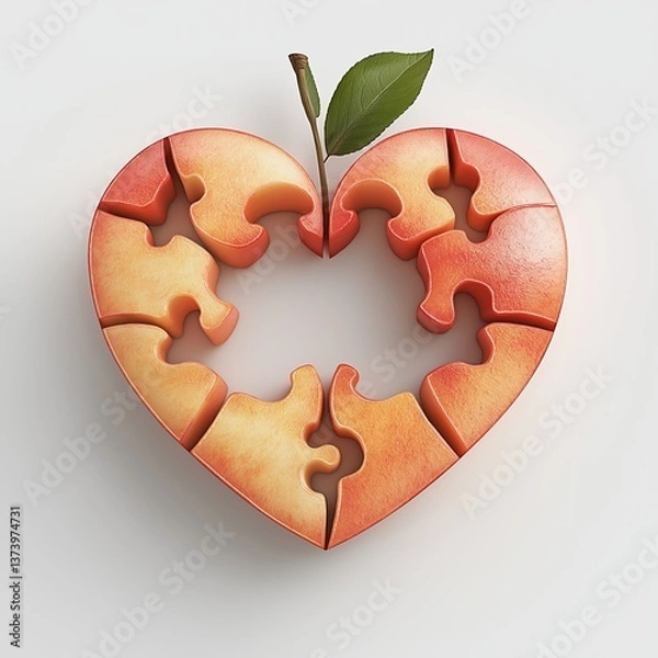 Fototapeta Heart-shaped puzzle made of red apple pieces with a leaf on a white background symbolizing health and connection