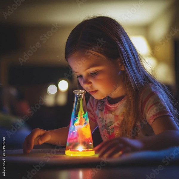 Fototapeta little girl making a DIY lava lamp using oil, water, and food coloring.