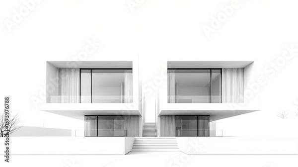 Obraz Modern minimalist white house with balconies and staircase leading to entrance
