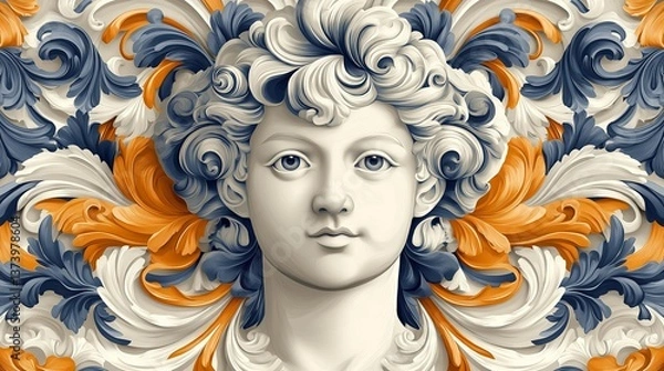 Fototapeta Intricately detailed baroque-style relief sculpture artwork of a cherubic child's face surrounded by flowing vibrant floral patterns