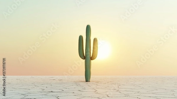 Fototapeta Lone cactus standing tall in a vast desert landscape with cracked soil beneath a gentle, pastel-colored sunset sky