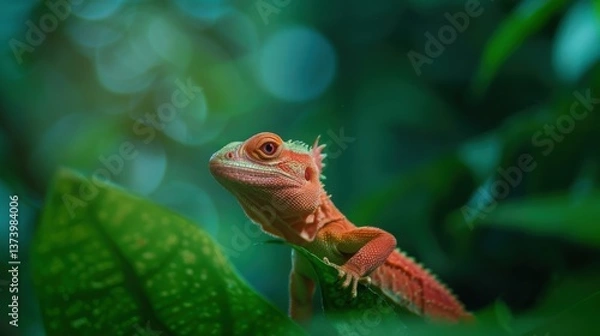 Fototapeta Red Lizard on Green Leaf, Close up of a vibrant red lizard perched on a lush green leaf.