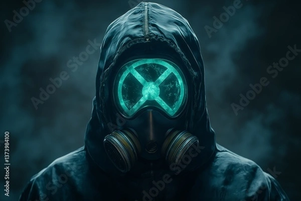 Fototapeta Mysterious figure in a dark hood wearing a glowing futuristic gas mask against a foggy background for apocalyptic concepts