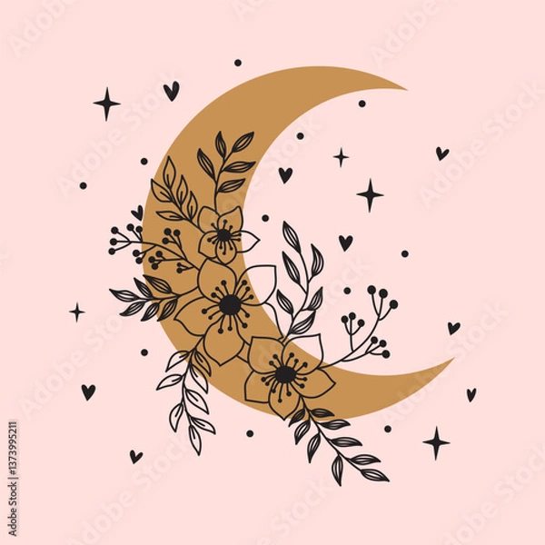 Fototapeta Celestial moon and abstract botanical branches.