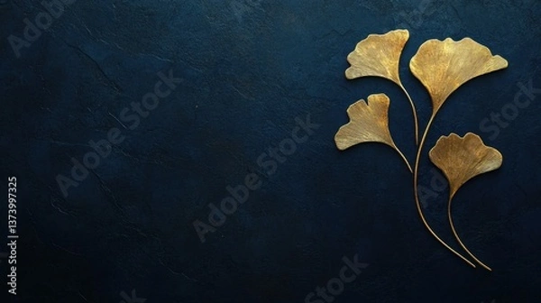 Fototapeta Elegant golden ginkgo leaves arranged gracefully on a deep blue textured background, capturing the essence of nature and sophistication in modern design