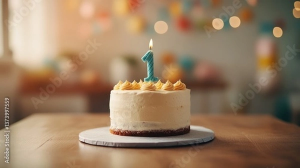Fototapeta One Year Birthday Cake with Candle on Table Surrounded by Colorful Decorations and Soft Light for Celebration and Joyful Occasion