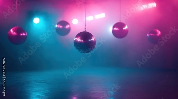 Fototapeta Sparkling Disco Balls Hanging in a Vibrant Nightclub with Colorful Lighting and Haze Creating an Energetic Dance Atmosphere