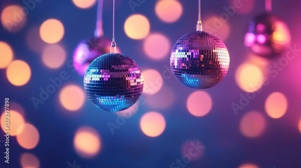 Fototapeta Glimmering Disco Balls with Colorful Bokeh Background Creating a Festive Atmosphere for Parties and Celebrations in Vibrant Light Play
