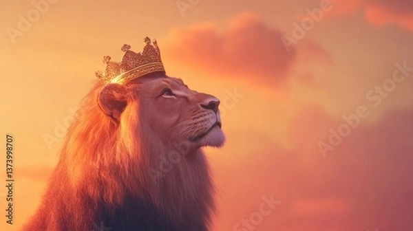 Fototapeta Majestic Lion with Crown Symbolizing Royalty Against a Stunning Sunset Background with Warm Tones and Dreamy Clouds