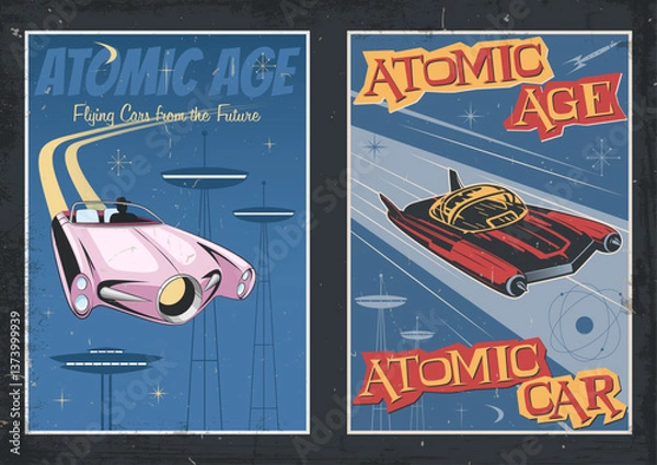 Obraz Atomic Age Style Posters, Flying Cars from the Future, Space Age Colors and Shapes, Grunge Texture Frame